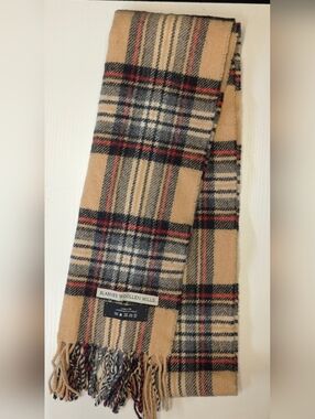 Blarney Woolen Mills Lambswool Tartan Scarf Ireland Beige Red Brown w/ Fringe